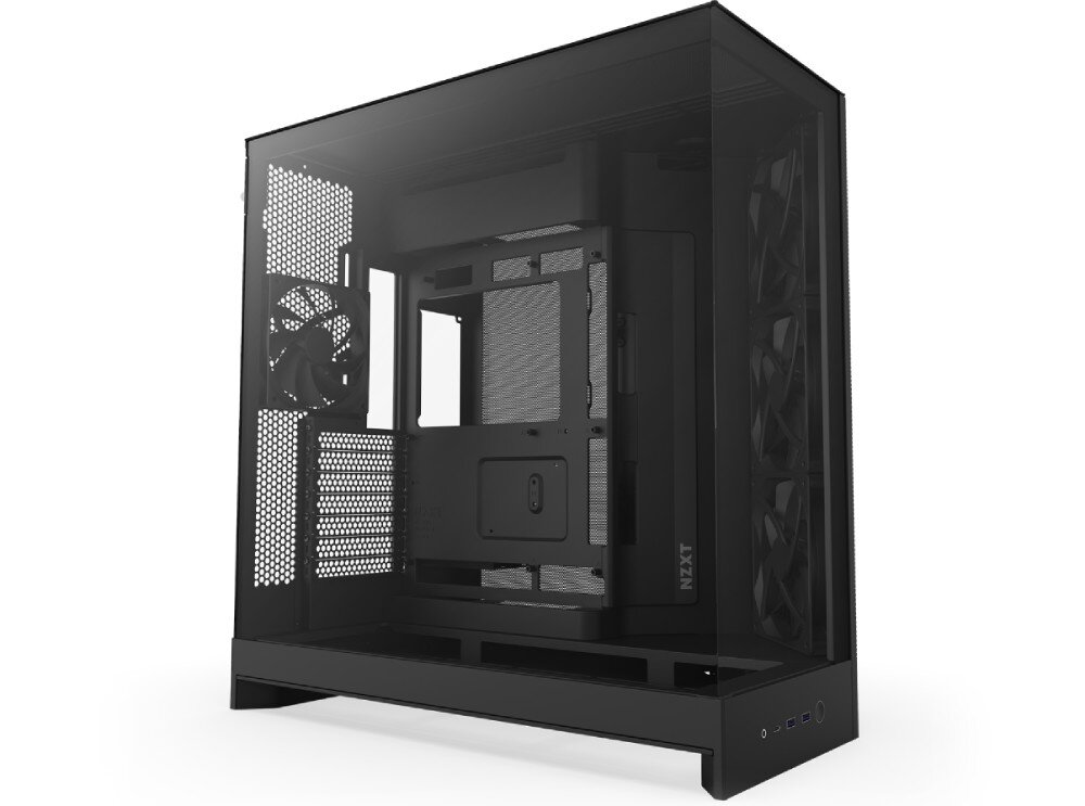 Obudowa NZXT H9 Flow Przeszklona obudowa komputerowa, ujęcie z trzech czwartych z przodu. Widoczny wentylator tylny, boczny zestaw wentylatorów, panel przedni z portami i logo NZXT