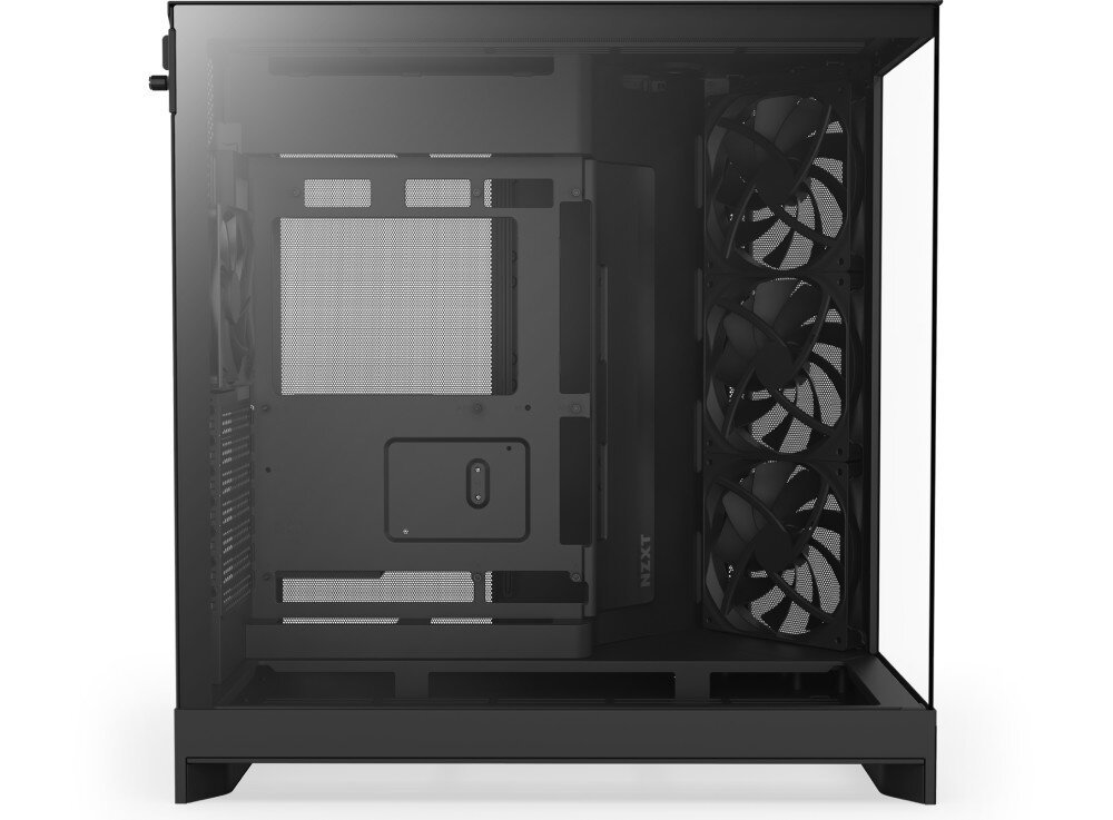 Obudowa NZXT H9 Flow Obudowa komputerowa, widok z boku przez szklany panel. Widać wnętrze: miejsce na płytę główną, boczny zestaw trzech wentylatorów oraz tylny wentylator