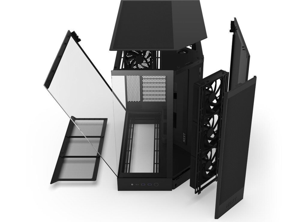 Obudowa NZXT H9 Flow Rozłożona obudowa komputerowa na części. Widoczne panele szklane, siatki przeciwkurzowe, wentylatory, stelaż obudowy i górny panel mesh, ujęcie z góry