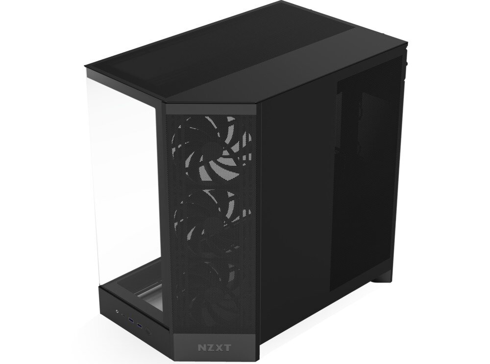 Obudowa NZXT H9 Flow Obudowa komputerowa, widok z góry pod kątem. Górny panel z siatki mesh, przedni panel ze szkła i boczny panel z siatki z widocznymi trzema wentylatorami i logo