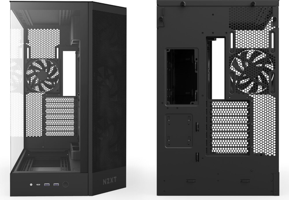 Obudowa NZXT H9 Flow Dwuczęściowe zdjęcie obudowy: po lewej widok z przodu pod kątem z otwartym wnętrzem i panelami; po prawej widok z tyłu z układem otworów na porty i wentylator