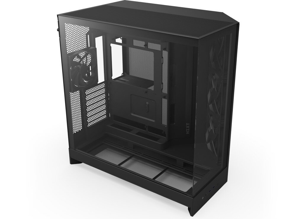 Obudowa NZXT H9 Flow Widok wnętrza obudowy komputerowej z góry pod kątem przez otwarty boczny i przedni szklany panel. Widać stelaż, tylny i boczne wentylatory oraz logo NZXT
