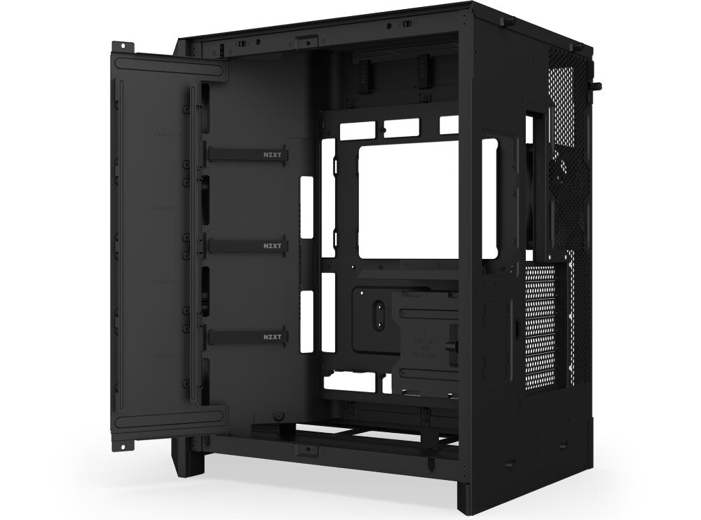Obudowa NZXT H9 Flow Obudowa komputerowa z otwartym tylnym panelem. Widoczne wnętrze od strony zarządzania okablowaniem: opaski z rzepami, kanały na kable, logo NZXT i miejsce na dyski
