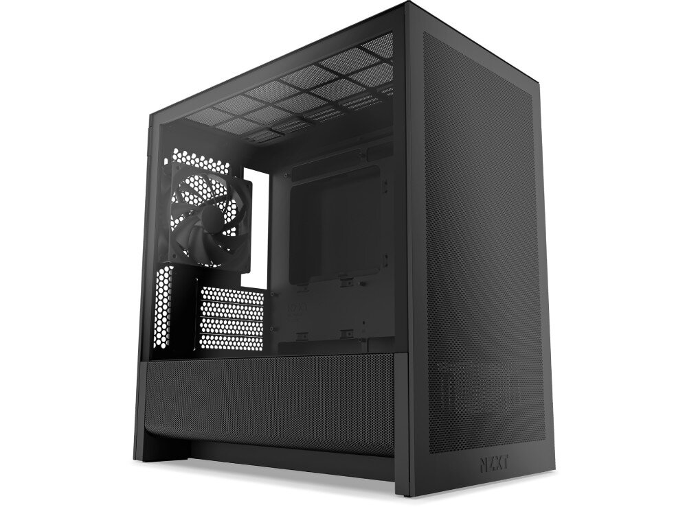 Obudowa NZXT H3 Flow Obudowa komputerowa widziana od przodu i z boku pod kątem. Ma przeszklony panel boczny, dolną część z siatki mesh oraz wentylator z tyłu