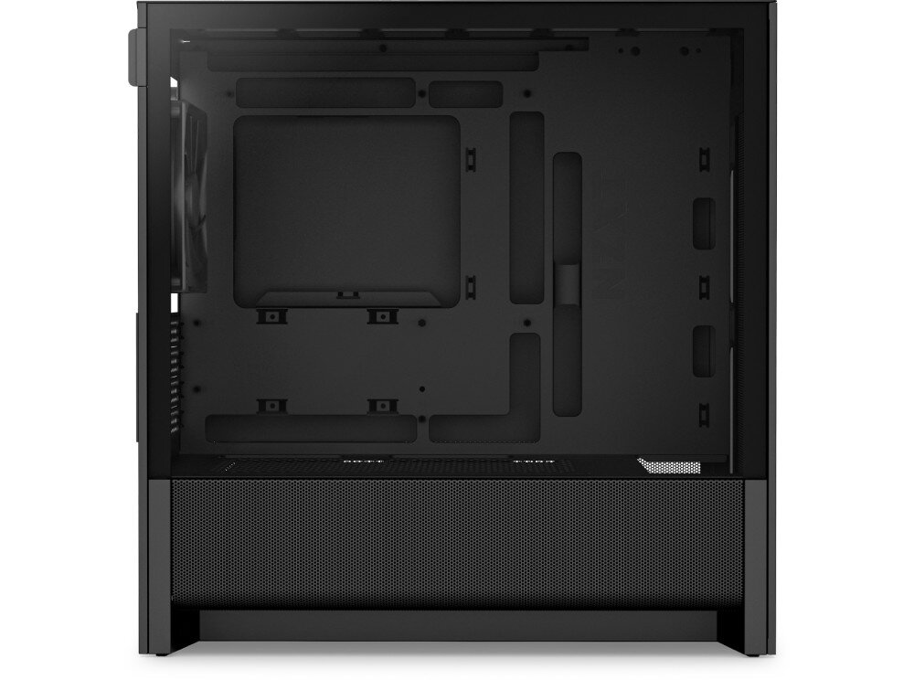Obudowa NZXT H3 Flow Widok na wnętrze obudowy komputerowej od strony przeszklonego panelu bocznego. Widoczne miejsce na płytę główną oraz dolny panel z siatki mesh