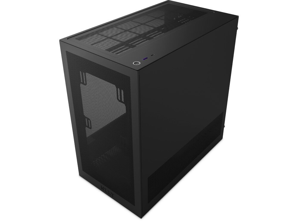 Obudowa NZXT H3 Flow Obudowa komputerowa ujęta z góry od strony pełnego panelu bocznego. Na górnej krawędzi umieszczono przycisk zasilania oraz porty I/O