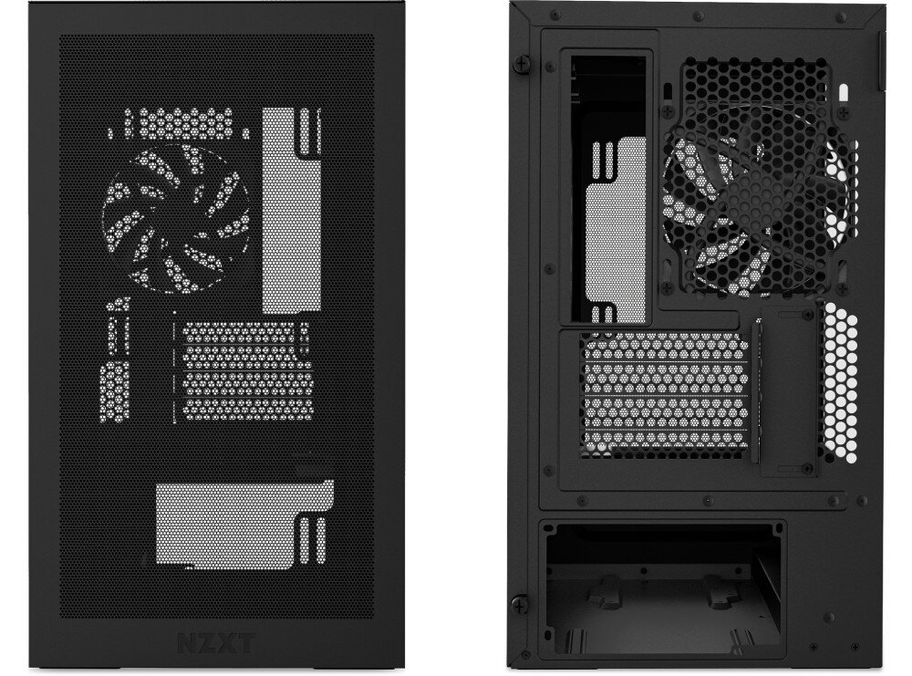 Obudowa NZXT H3 Flow Dwa ujęcia obudowy komputerowej: po lewej widok na przedni panel z siatki mesh, po prawej widok na tylny panel z miejscem na zasilacz i wentylatorem