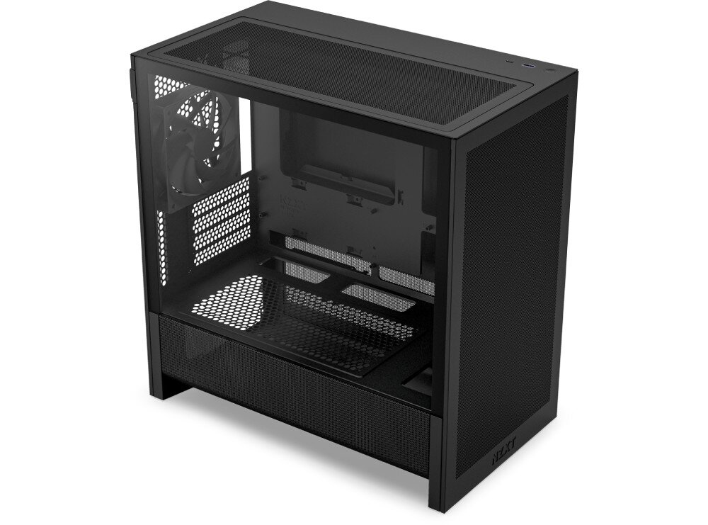 Obudowa NZXT H3 Flow Obudowa komputerowa pokazana z góry pod kątem od strony przeszklonego panelu bocznego. Widoczny jest wentylator oraz perforowana góra i dół