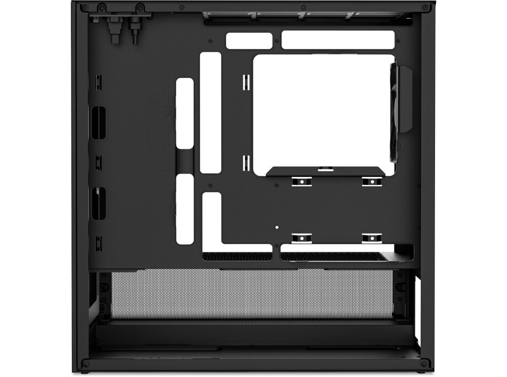 Obudowa NZXT H3 Flow Widok na tylną przestrzeń roboczą obudowy komputerowej przeznaczoną do prowadzenia przewodów, z wycięciem na montaż chłodzenia procesora