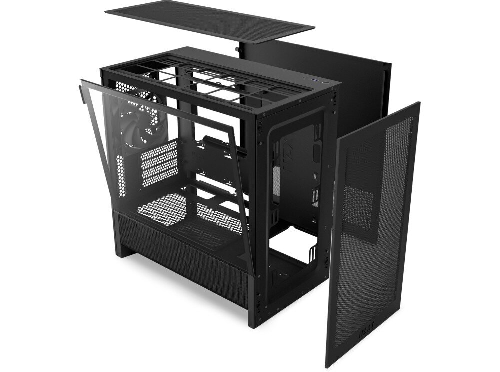 Obudowa NZXT H3 Flow Rozmontowana obudowa komputerowa z odłączonym przednim panelem mesh, górnym filtrem przeciwkurzowym oraz otwartym szklanym bokiem