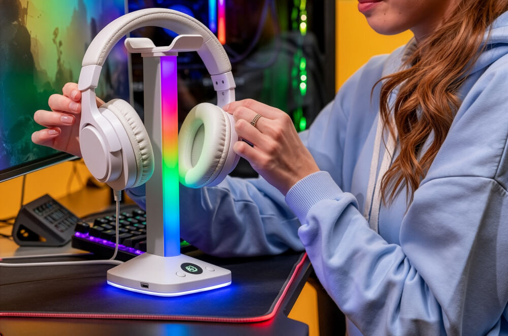 Stojak na słuchawki MAD DOG HPS800W Młoda kobieta-graczka (streamerka) trzyma białe słuchawki, które opiera na gamingowym stojaku MAD DOG z podświetleniem RGB i USB Hubem. W tle widoczny jest monitor i podświetlana klawiatura.