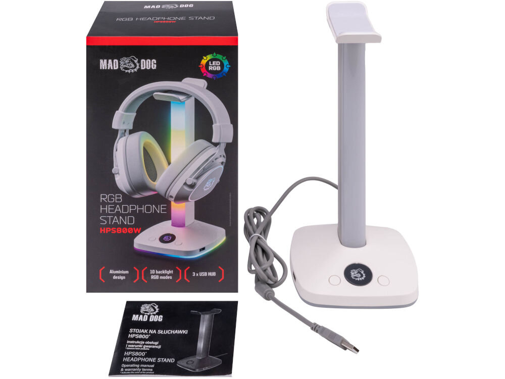 MAD DOG HPS800W Zestaw: biały stojak na słuchawki MAD DOG RGB HPS800W z kablem USB, opakowanie produktu oraz ulotka instrukcji. Na opakowaniu widoczne kluczowe cechy: 10 trybów RGB i 3 porty USB HUB