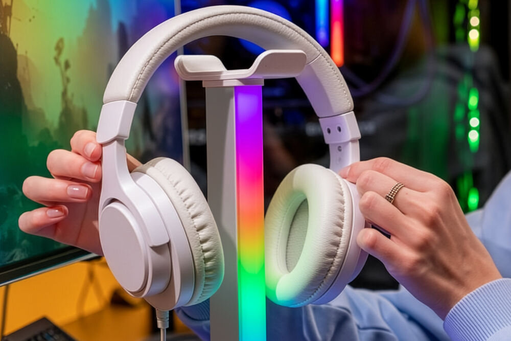 MAD DOG HPS800W stojak na słuchawki kabel 1,5 m elastyczne ustawienie biurka - słuchawki odłożone na stojak z boku biurka