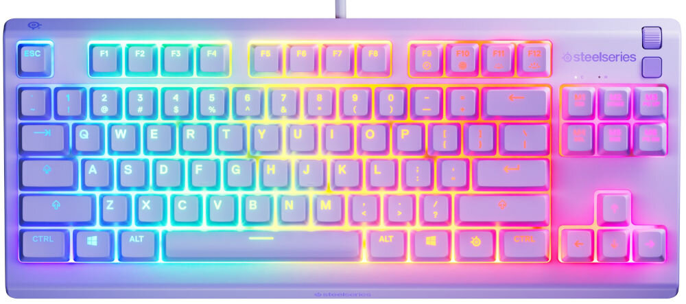 Klawiatura STEELSERIES Apex 3 TKL US Lawendowy prezentacja klawiatury na białym tle od przodu połączenie technologii SteelSeries z szeroką gamą funkcji płynność wygoda dokładne sterowanie