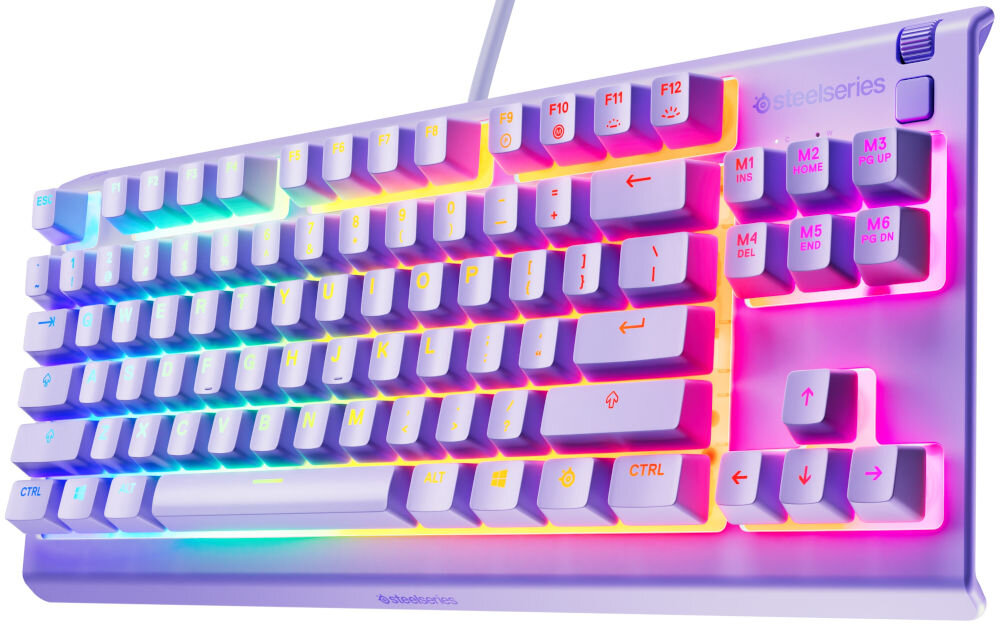 Klawiatura STEELSERIES Apex 3 TKL US Lawendowy prezentacja klawiatury od przodu pod kątem na białym tle RGB oświetlenie PrismSync dopasuj do swojego stylu 16,8 milionów kolorów synchronizacja z produktami SteelSeries stylowy wygląd