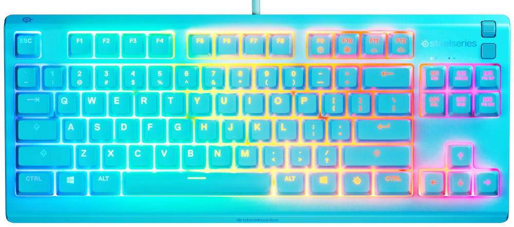 Klawiatura STEELSERIES Apex 3 TKL US Niebieski prezentacja klawiatury na białym tle od przodu połączenie technologii SteelSeries z szeroką gamą funkcji płynność wygoda dokładne sterowanie