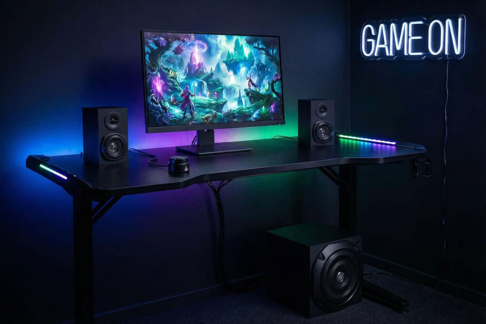 Na biurku znajduje się monitor z kolorową grafiką fantasy, obok niego stoją dwa głośniki. Na ścianie widnieje neonowy napis \'GAME ON\'.