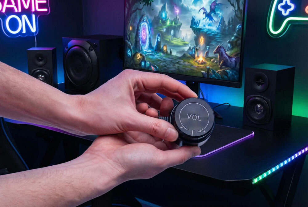 Osoba trzyma pokrętło z napisem \'VOL\' w pomieszczeniu z neonowym napisem \'GAME ON\', monitorem z grą fantasy i głośnikami na biurku.