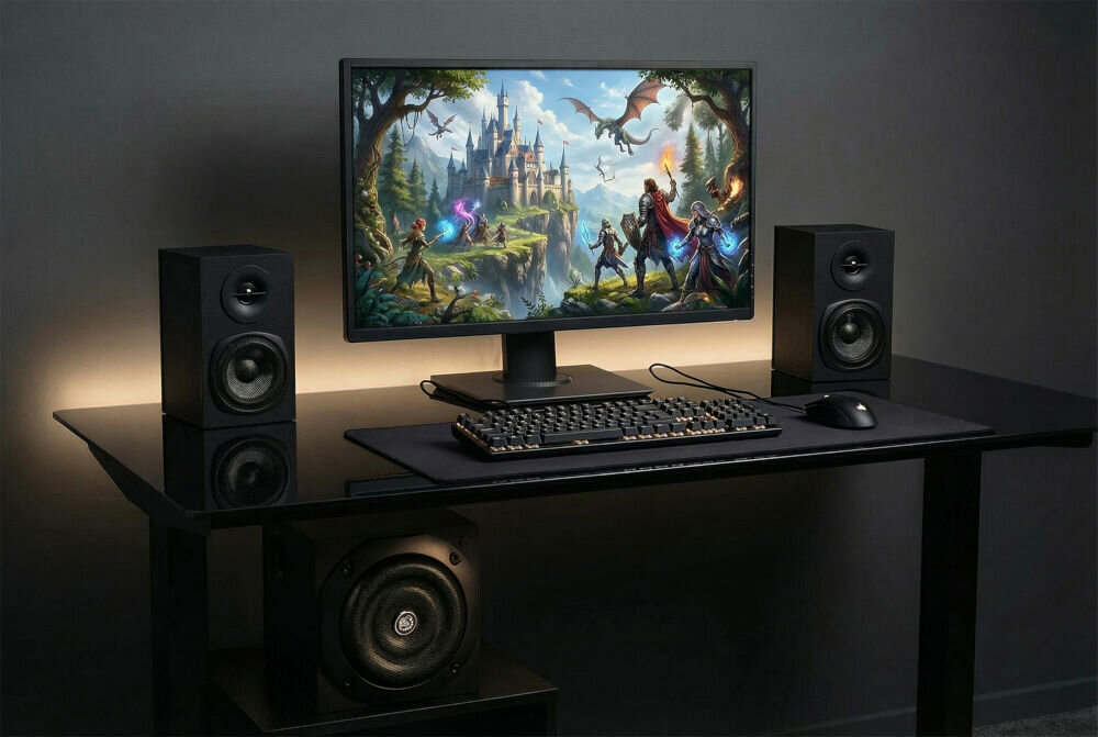 Na biurku znajduje się monitor z wyświetloną sceną fantasy, klawiatura, myszka oraz dwa głośniki. Pod biurkiem widoczny jest subwoofer.