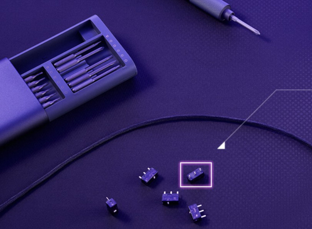 ASUS ROG Harpe Mini Core Gniazda Push-Fit Switch Sockets wymieniać przełączniki bez lutowania - Zestaw precyzyjnych narzędzi do elektroniki oraz mikroprzełączniki na designerskiej podkładce w klimacie technologicznym