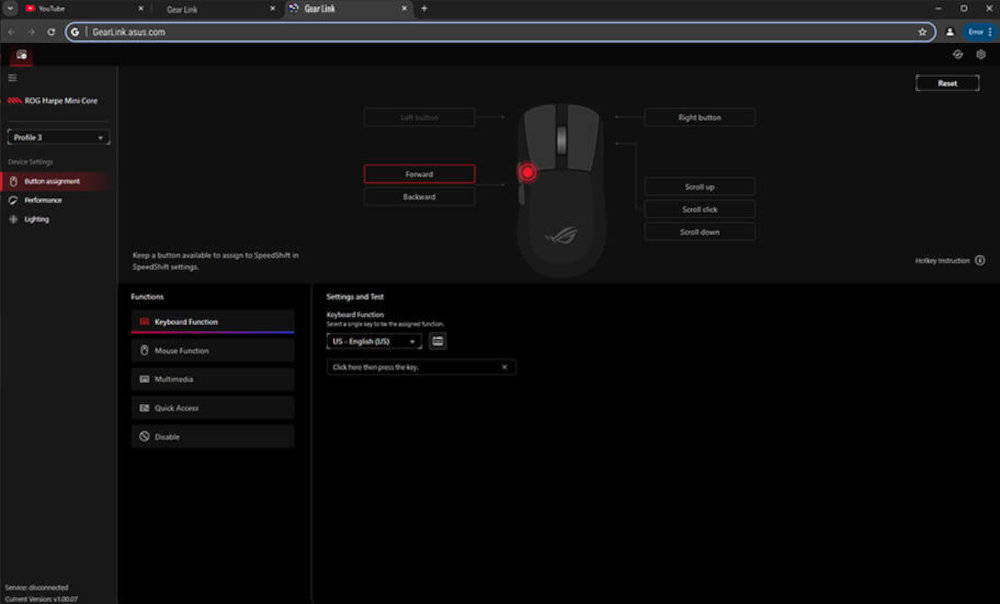 ASUS ROG Harpe Mini Core ROG Gear Link ustawienia myszy przeglądarce internetowej - Interfejs oprogramowania do konfiguracji przycisków myszki gamingowej z zaznaczonym przyciskiem w sekcji przypisywania funkcji klawiatury
