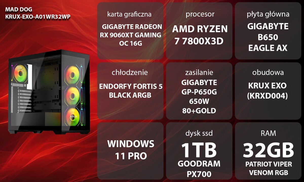 Komputer MAD DOG KRUX-EXO-A01WR32WP Grafika przedstawiająca specyfikację komputera, z podziałem na podzespoły. W lewej części znajduje się model komputera, a obok niego informacje o podzespołach, opis