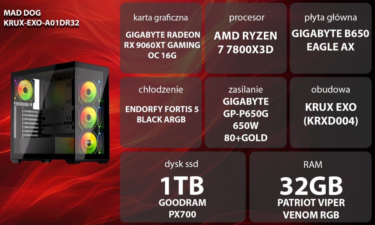 Komputer MAD DOG KRUX-EXO-A01DR32 Grafika przedstawiająca specyfikację komputera, z podziałem na podzespoły. W lewej części znajduje się model komputera, a obok niego informacje o podzespołach, opis