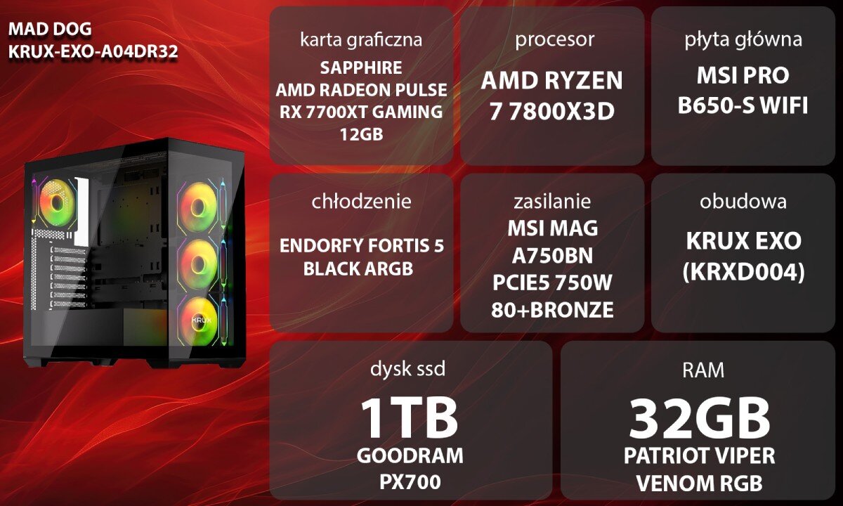 Komputer MAD DOG KRUX-EXO-A04DR32 Grafika przedstawiająca specyfikację komputera, z podziałem na podzespoły. W lewej części znajduje się model komputera, a obok niego informacje o podzespołach, opis