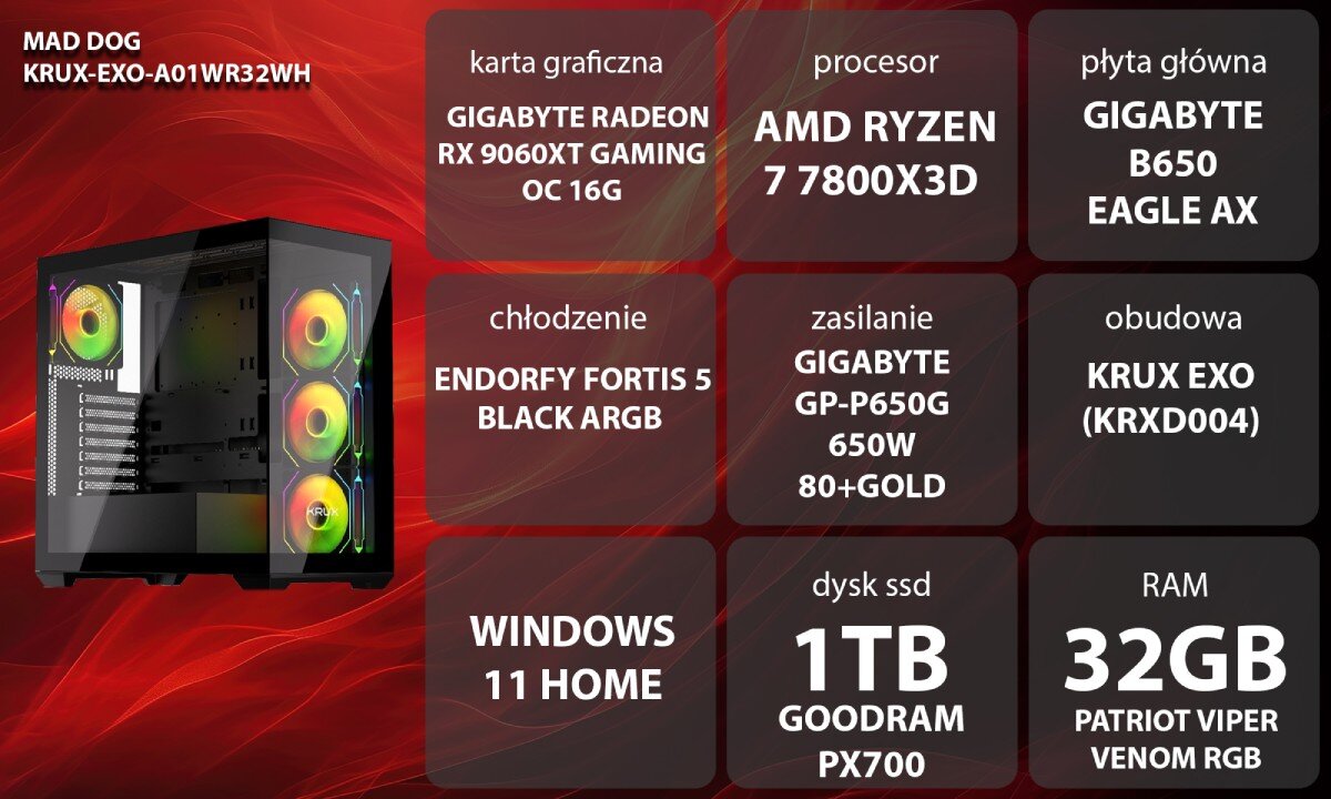 Komputer MAD DOG KRUX-EXO-A01WR32WH Grafika przedstawiająca specyfikację komputera, z podziałem na podzespoły. W lewej części znajduje się model komputera, a obok niego informacje o podzespołach, opis