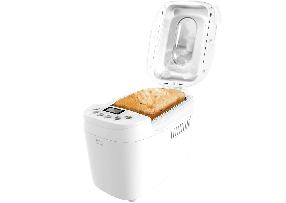 Wypiekacz do chleba CECOTEC Chleb&Co 1500 PerfectCook otwarte urządzenie w całości na białym tle, wyjmowana misa, można myć w zmywarce, regularne pieczenie