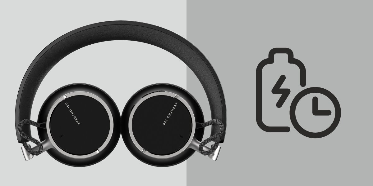 Energia na cały tydzień, do 60 godzin odtwarzania lub 40 godzin z włączoną redukcją szumów, funkcja szybkiego ładowania, złożone słuchawki na szarym tle