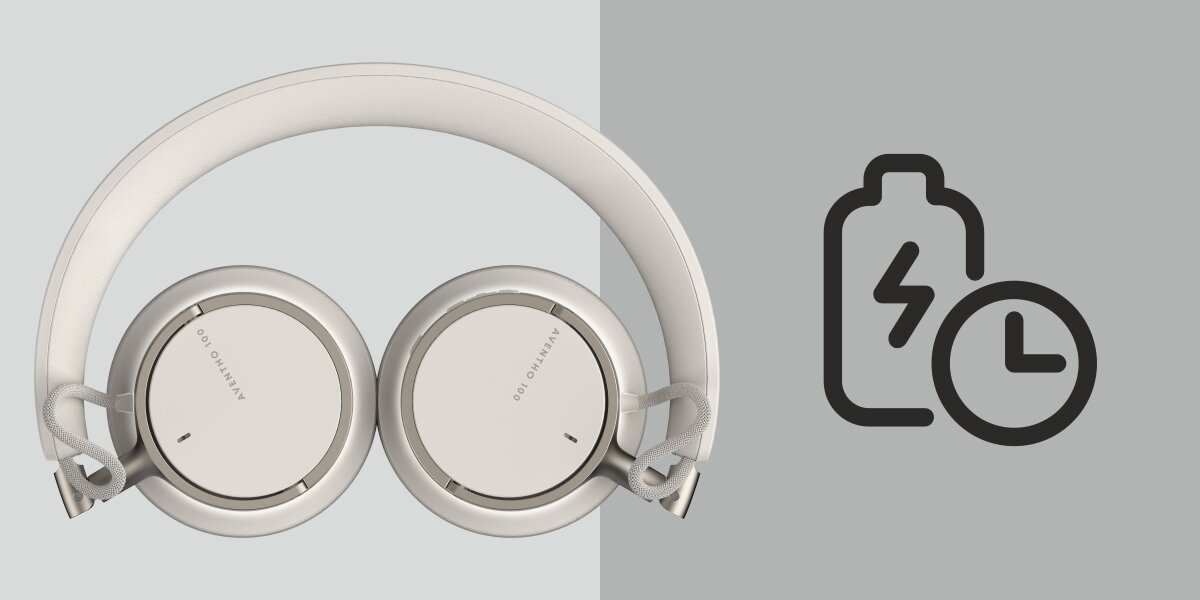 Energia na cały tydzień, do 60 godzin odtwarzania lub 40 godzin z włączoną redukcją szumów, funkcja szybkiego ładowania, złożone słuchawki na szarym tle