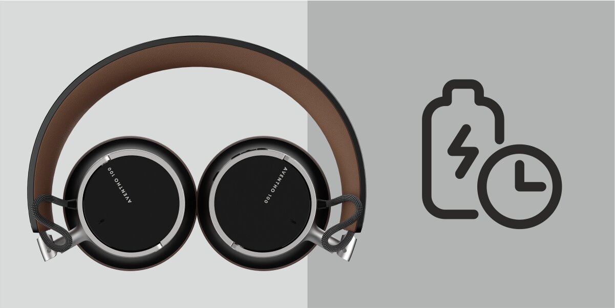 Energia na cały tydzień, do 60 godzin odtwarzania lub 40 godzin z włączoną redukcją szumów, funkcja szybkiego ładowania, złożone słuchawki na szarym tle