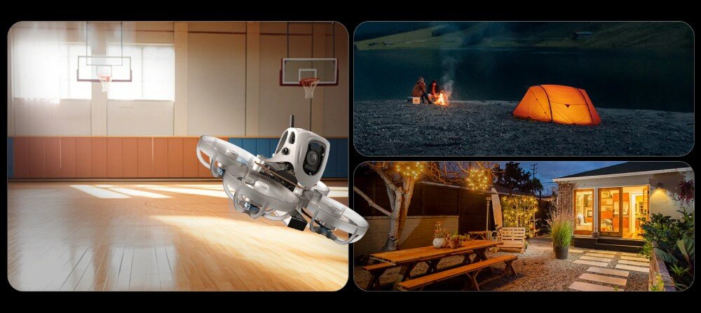 Dron BETAFPV Meteor65 Pro O4 Kolaż trzech zdjęć przedstawiających drona w sali gimnastycznej, na biwaku oraz na oświetlonym tarasie