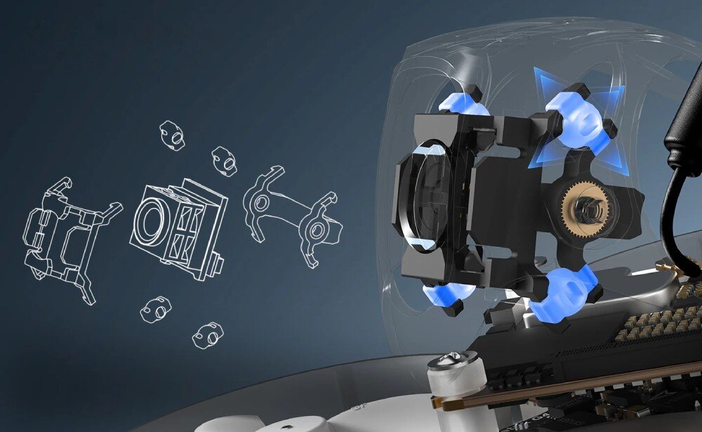 Dron BETAFPV Meteor65 Pro O4 Schemat rozłożonego na części modułu kamery ukazujący białą osłonę, soczewkę i niebieskie elementy tłumiące drgania