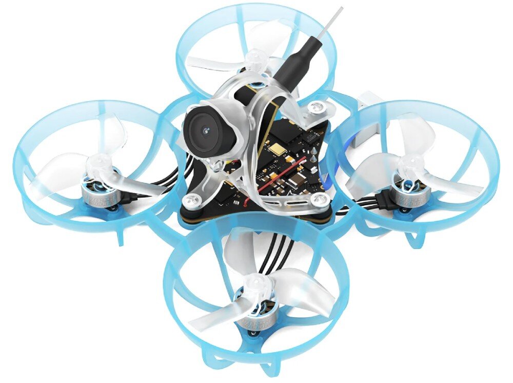 Dron BETAFPV Air65 Elrs 2.4G Widok z góry na drona z czterema śmigłami w niebieskich osłonach i kamerą