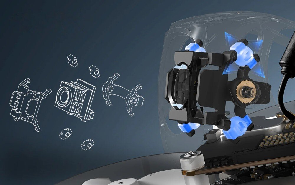 Dron BETAFPV Meteor75 Pro O4 Grafika przedstawiająca rozłożony na części mechanizm mocowania kamery wewnątrz obudowy drona z zaznaczonymi elementami tłumiącymi drgania