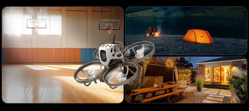 Dron BETAFPV Meteor75 Pro O4 Zestawienie trzech zdjęć ukazujących drona w różnych sceneriach, kolejno w sali sportowej, na biwaku przy namiocie oraz na oświetlonym podwórku domu