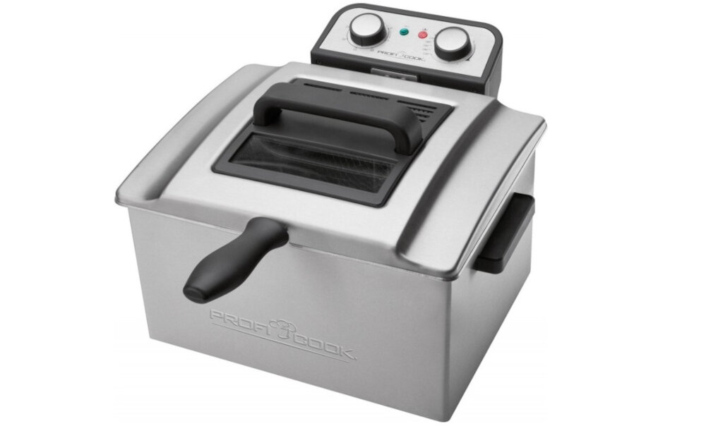 Frytkownica PROFI COOK PC-FR 1038 Misa na olej ma pojemnosc 4 litrow koszyk do smazenia az 2 litr moc 3000 W temperatura od 130 do 180 stopni celsjusza misa na olej o pojemnosci 4 litrow koszyk do smazenia pojemnosc az 2 litry waga 3,5kg