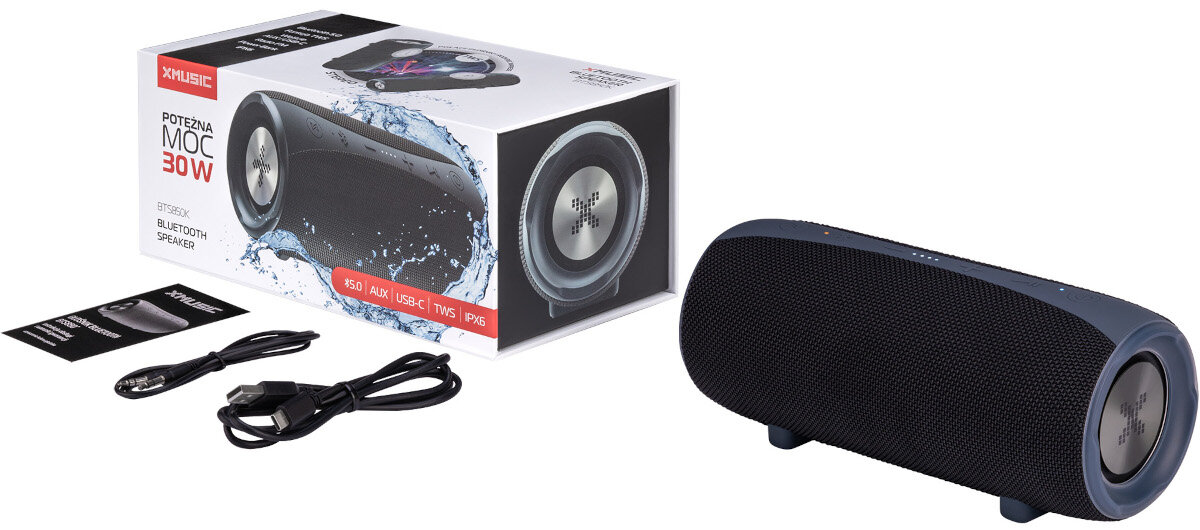GŁOSNIK MOBILNY XMUSIC BTS850G BLUETOOTH czarny zawartosc opakowania
