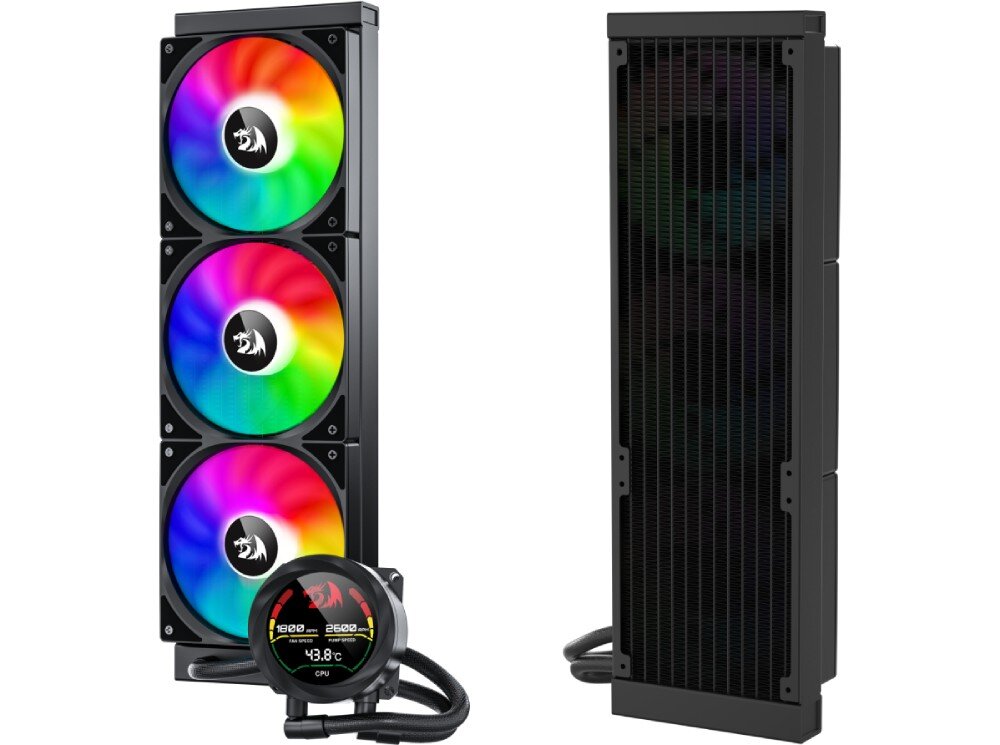 Na obrazie widoczne jest chłodzenie wodne z trzema wentylatorami RGB oraz radiatorem. Na okrągłym wyświetlaczu widnieje logo smoka i tekst: \'43.8°C CPU\'.