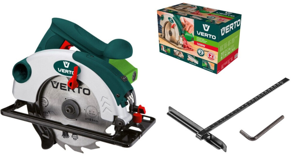 Pilarka tarczowa VERTO 52G684 w zestawie prowadnica równoległa klucz regulacyjny tarcza do cięcia instrukcja obsługi w języku polskim karta gwarancyjna