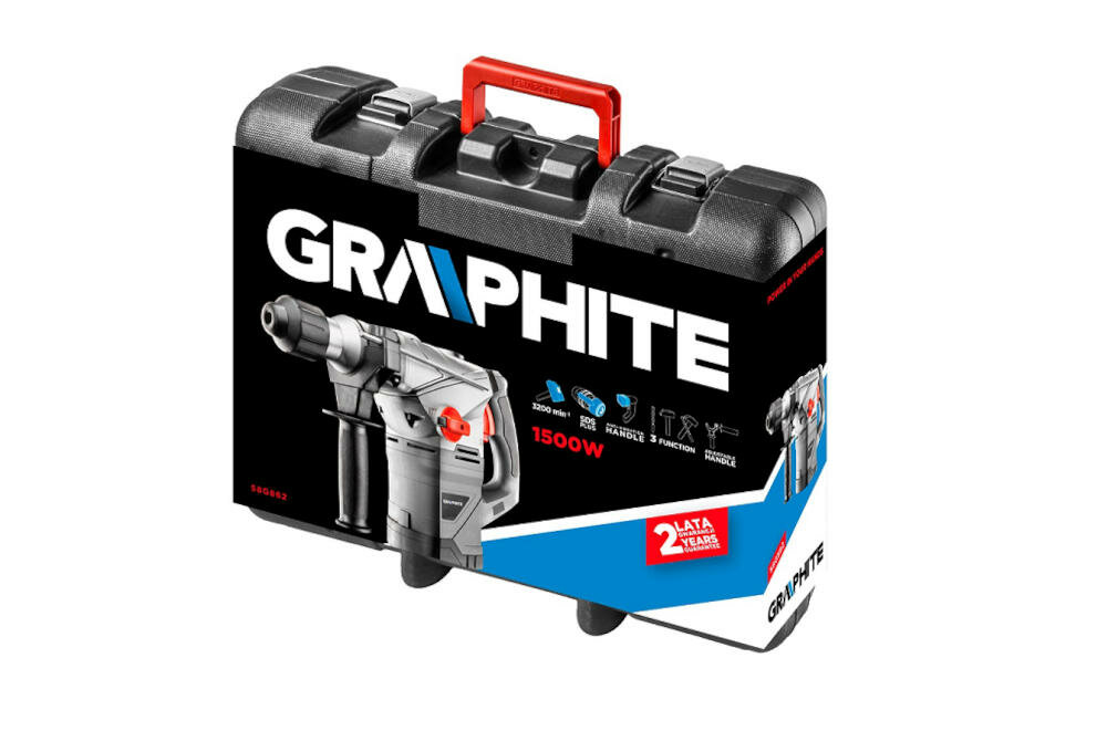 GRAPHITE-58G862-SDS funkcjonalność obroty wiercenie mechanizm młot sprzęgło przeciążeniowe wiertło walizka