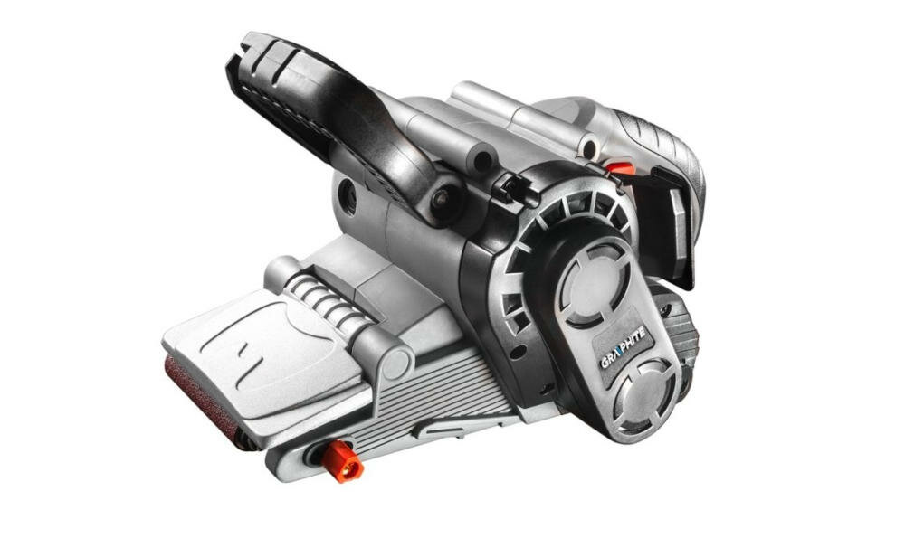 GRAPHITE-59G392 szlifierka taśmowa obróbka materiały drewno metal tworzywo sztuczne ergonomiczny kształt nakładka antypoślizgowa rolka odporność aluminium blokada włącznik praca