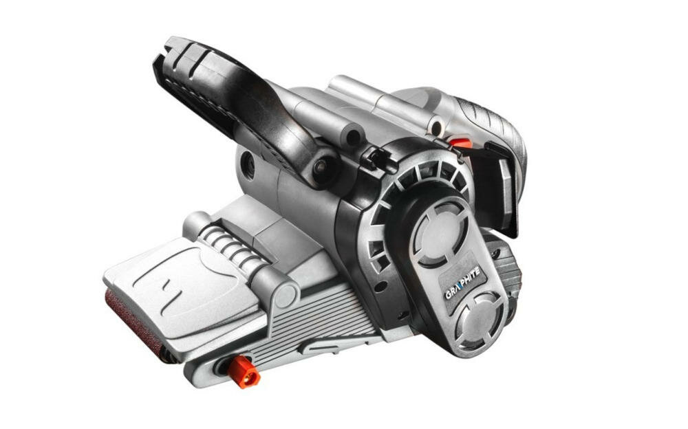 GRAPHITE-59G394 szlifierka taśmowa materiały drewno metal tworzywo sztuczne ergonomiczny kształt wzornictwo nowoczesne nakładka antypoślizgowa rękojeść regulacja kąt nachylenie rolka wysoka temperatura aluminium szlifowanie blokada włącznik