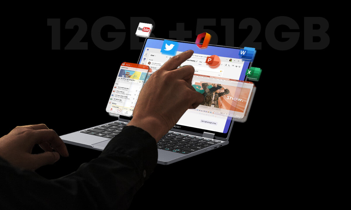 Osoba korzysta z laptopa CHUWI MiniBook X skupiona na pracy.   dysk pamięć pojemność