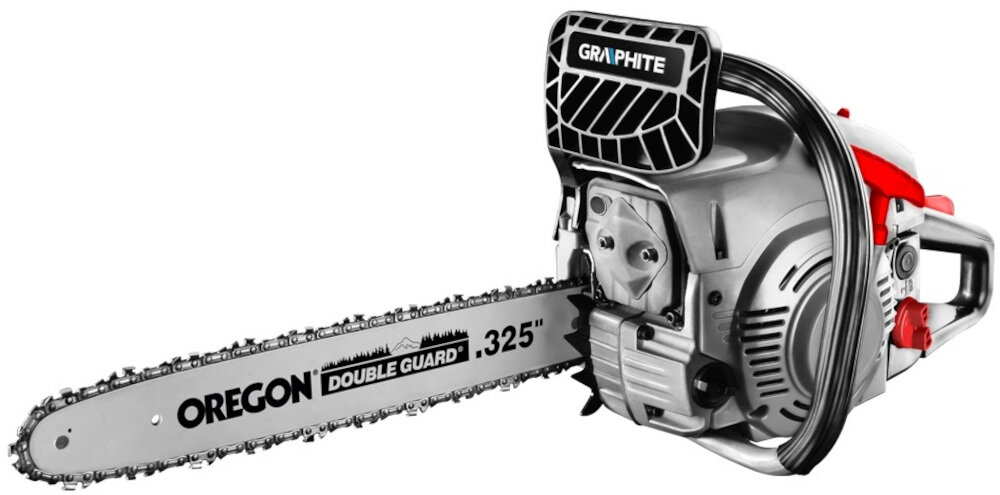 Piła spalinowa GRAPHITE 58G943 wał korbowy w obudowie ze stopu aluminium wysokiej jakości osłona z tworzywa sztucznego odporność na uderzenia trwała pełne ułożyskowanie elementów obrotowych dwupunktowe mocowanie dźwigni hamulca bezpieczeństwa