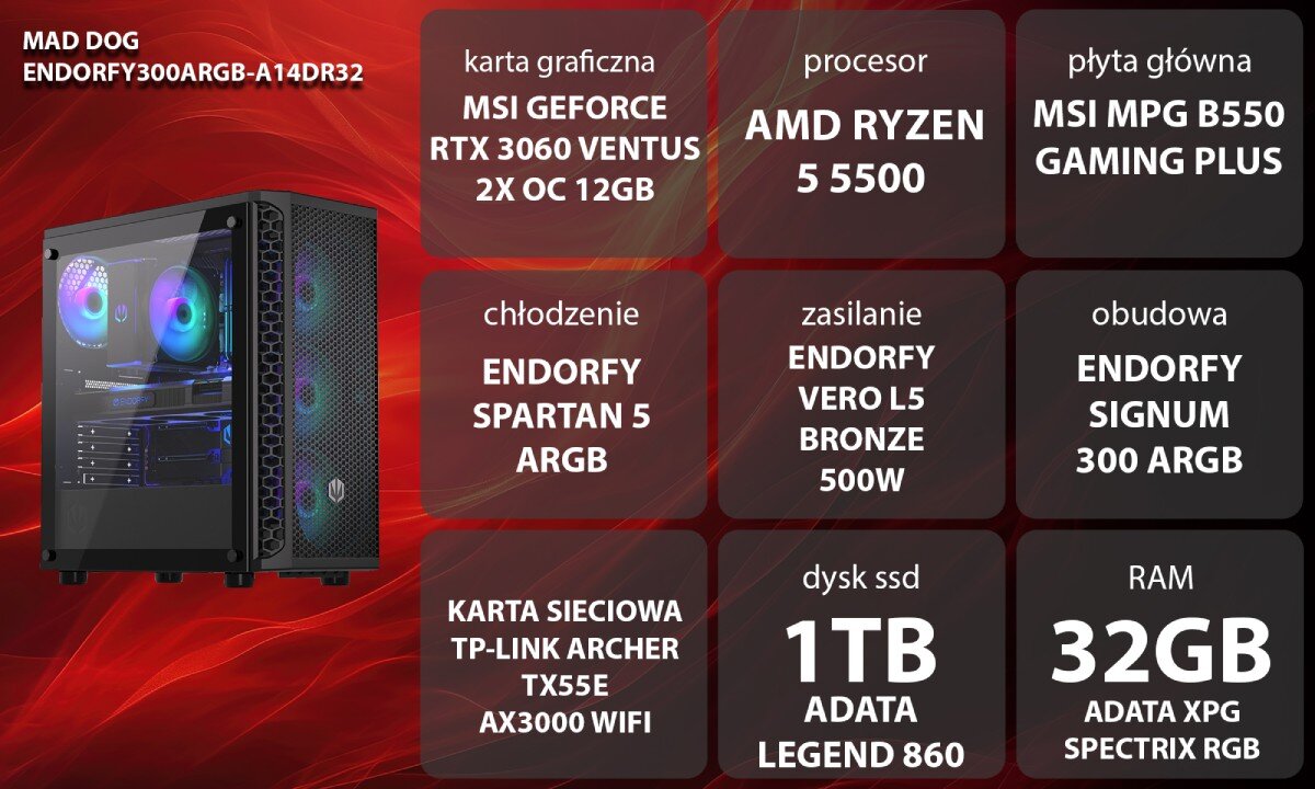 Komputer MAD DOG ENDORFY300ARGB-A14DR32 Grafika przedstawiająca specyfikację komputera, z podziałem na podzespoły. W lewej części znajduje się model komputera, a obok niego informacje o podzespołach, opis>
</div>
</div>
</div>
<div class=