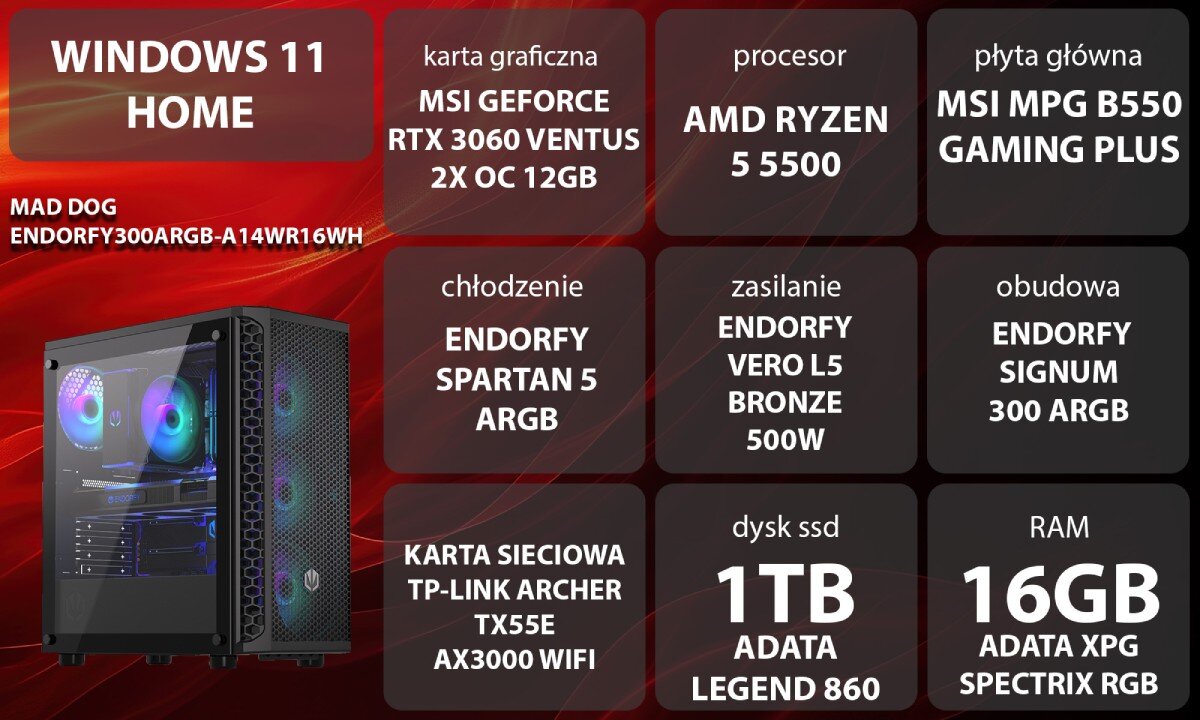 Komputer MAD DOG ENDORFY300ARGB-A14WR16WH Grafika przedstawiająca specyfikację komputera, z podziałem na podzespoły. W lewej części znajduje się model komputera, a obok niego informacje o podzespołach, opis