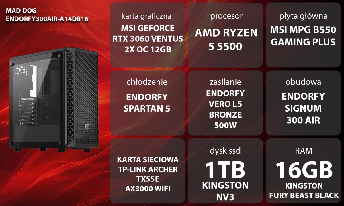 Komputer MAD DOG ENDORFY300AIR-A14DB16 Grafika przedstawiająca specyfikację komputera, z podziałem na podzespoły. W lewej części znajduje się model komputera, a obok niego informacje o podzespołach, opis